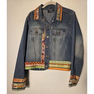 Pineda Covalin Womens M Embellished Short Jean Jacket Ribbons Tassels Patchwork